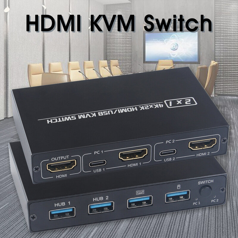 KVM Switch 2 Port untuk 2 Komputer Satu Monitor, Keyboard, Mouse, Printer, 4K @ 30Hz 2X1 HDMI Kompatibel USB KVM Switches