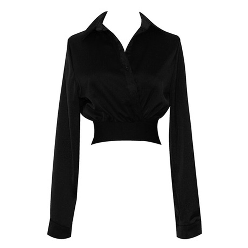 Приталенная черная рубашка для женщин, сексуальный топ с длинным рукавом и перекрестными полосами, облегающая короткая рубашка с глубоким ...