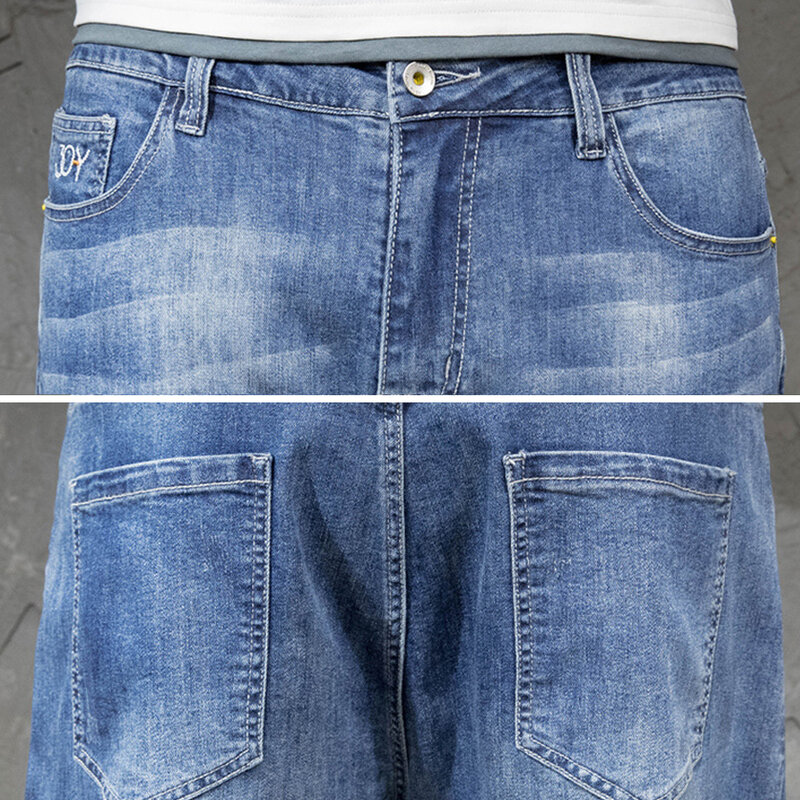 men jeans elastic waist loose cotton denim straight trousers zipper baggy pocket streetwear size 44 джинсы для мужчин 19580