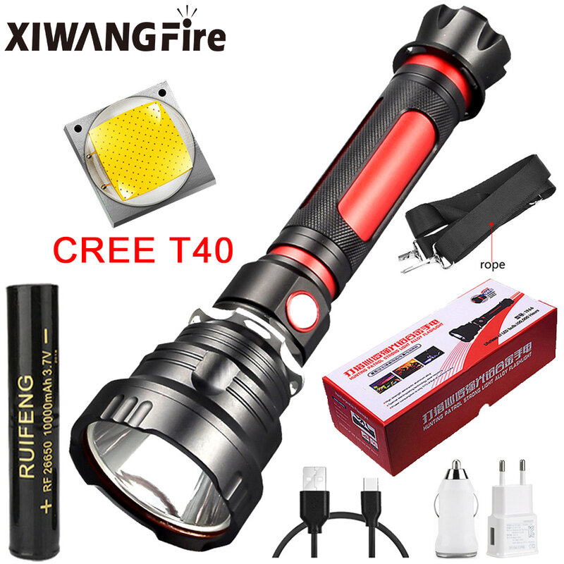 CREE-مصباح يدوي LED قوي T40 ، يعمل بالبطارية 26650 ، للتخييم في الهواء الطلق ، مصباح يدوي تكتيكي ، فانوس