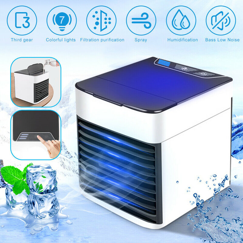 Mini aire acondicionado portátil, humidificador con función purificadora, 7 colores, LED, USB, refrigeración de escritorio, ventilador para el hogar
