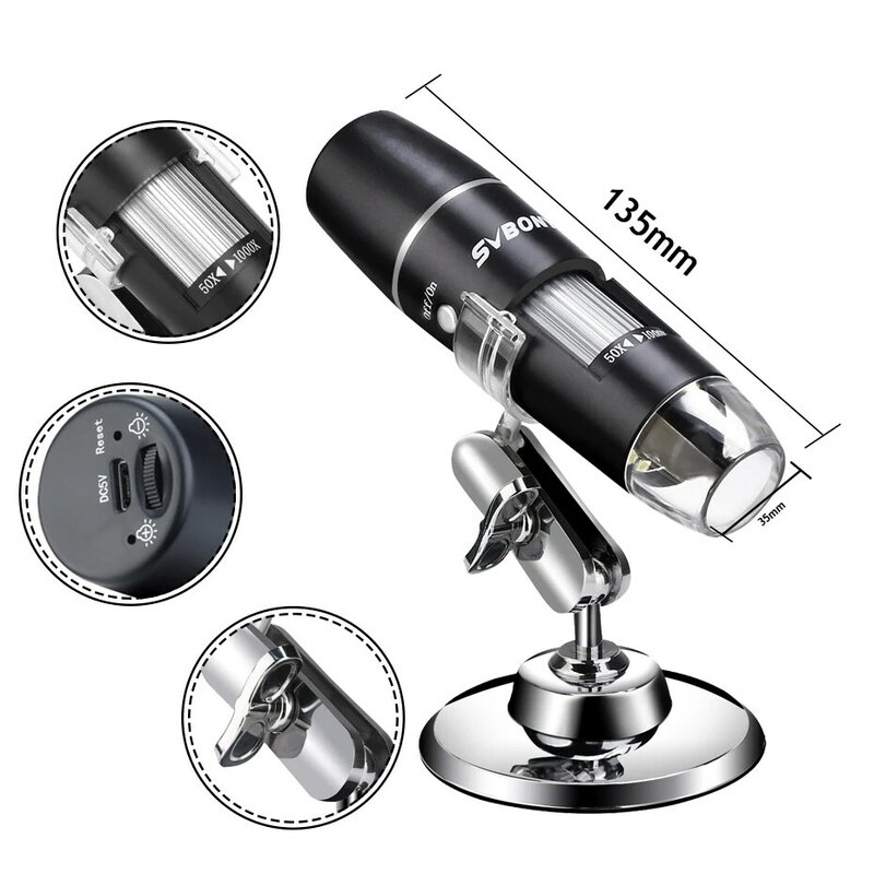 SVBONY – Microscope numérique SV602 50x-1000x Wifi/USB, caméra loupe 8LED avec support pour Android IOS iPhone iPad Microsco
