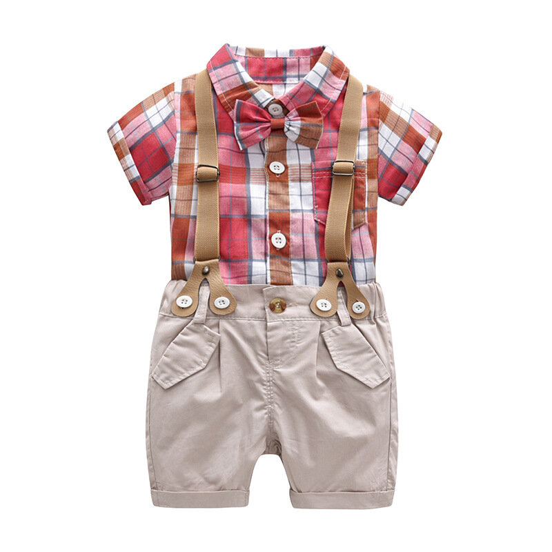 Abbigliamento per bambini di marca Yg 2021 nuovo Set di abiti estivi, pantaloncini con cinturino a maniche corte in cotone scozzese da ragazzo, abito da gruppo per bambini