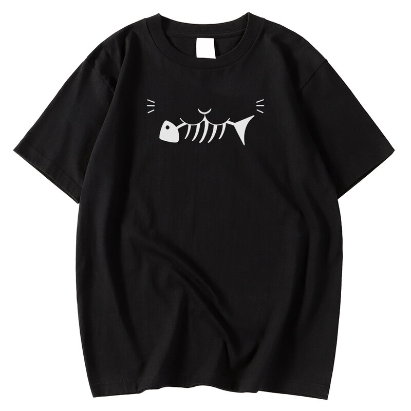 Grande tamanho masculino t camisa primavera verão camisetas abstratas gato comer peixe ossos imprimir roupas de manga curta respirável camisetas