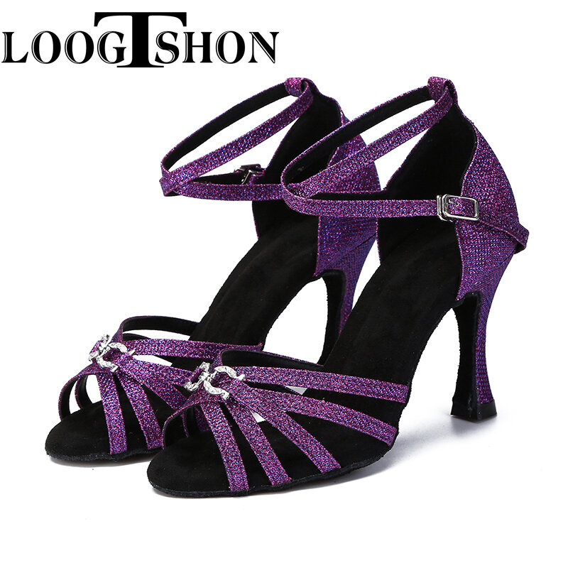 Loogtshon loogtshon sapatos de dança 5 tiras cruz padrão cetim e cristal strass calcanhar 7.5cm adequado para todos os tipos