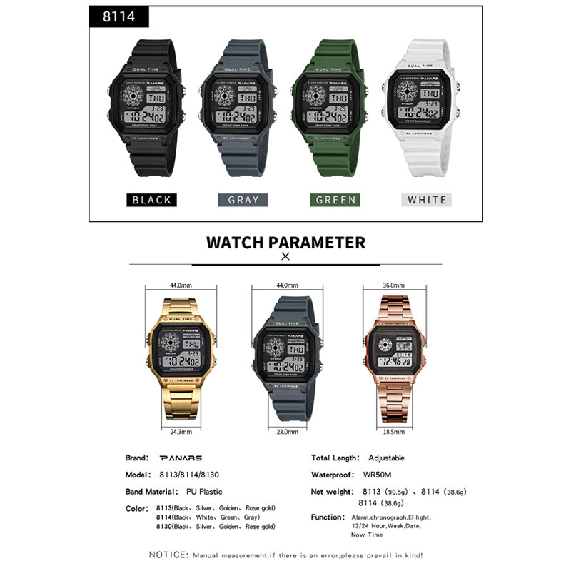 PANARS-relojes deportivos Retro para hombre, reloj Digital con temporizador de cuenta atrás, resistente al agua, cronómetro, a la moda