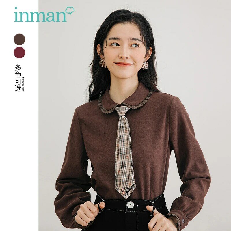 INMAN Women's Blouse Autumn Winter Vintage Elegant Cute Lace Splicing Doll Collar Design Brown or Wine Red Long Sleeve Shirt