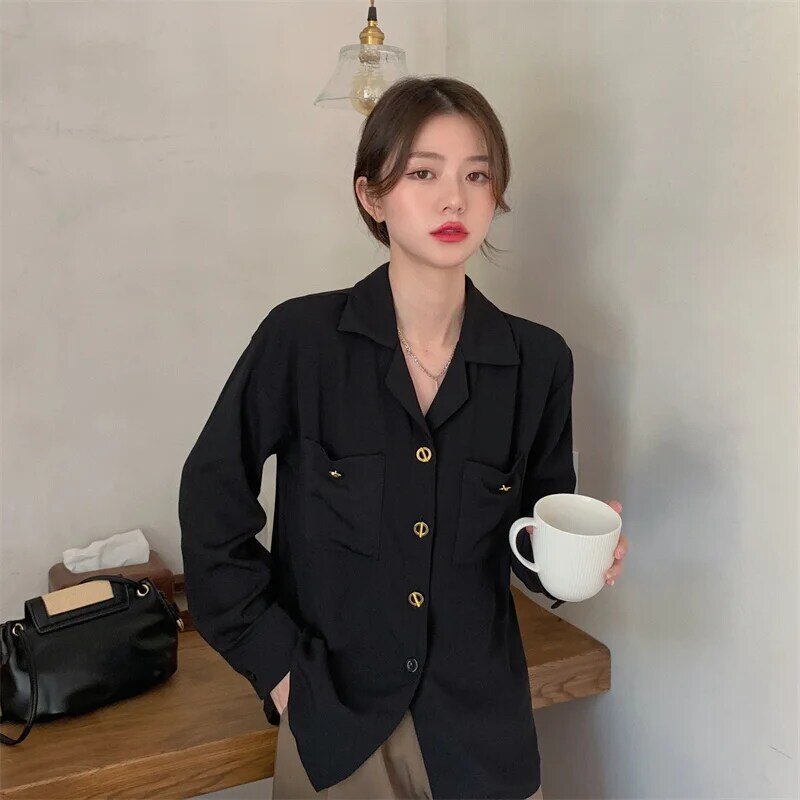 Suit Collar Shirt Autumn 2021 New Hong Kong Salt Design Sense Black Fashion Long Sleeve Top Women's Wear