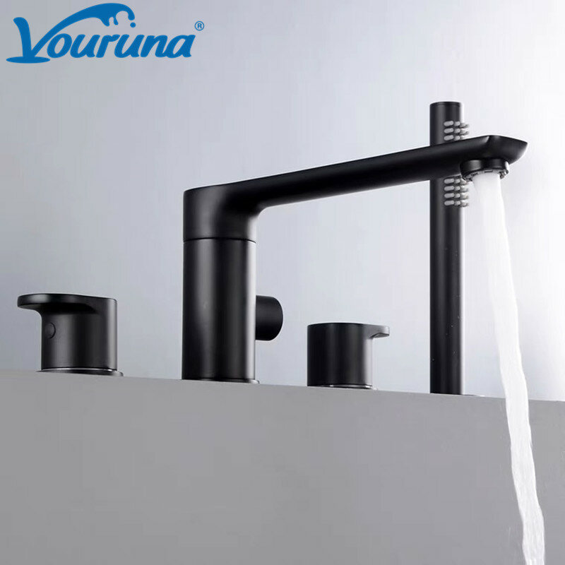VOURUNA – robinet de baignoire monté sur le pont doré, luxueux, avec douchette à 4 trous, garniture de remplissage de baignoire romaine noire chromée