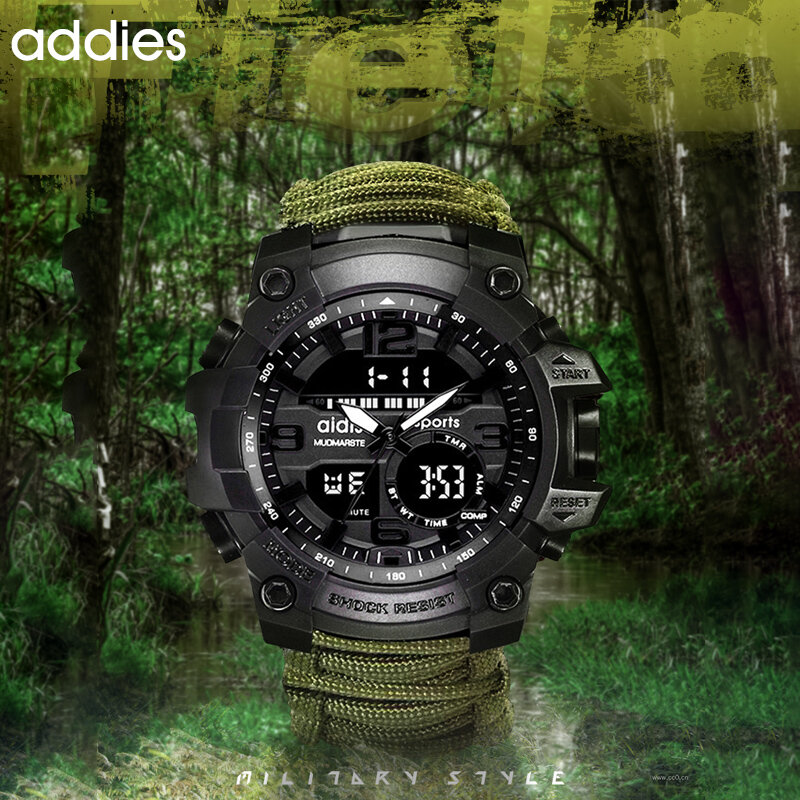 Addies mężczyźni kompas wojskowy zegarek Tend wodoodporny Whistel Alarm stoper zegar Outdoor Sport cyfrowy zegarek