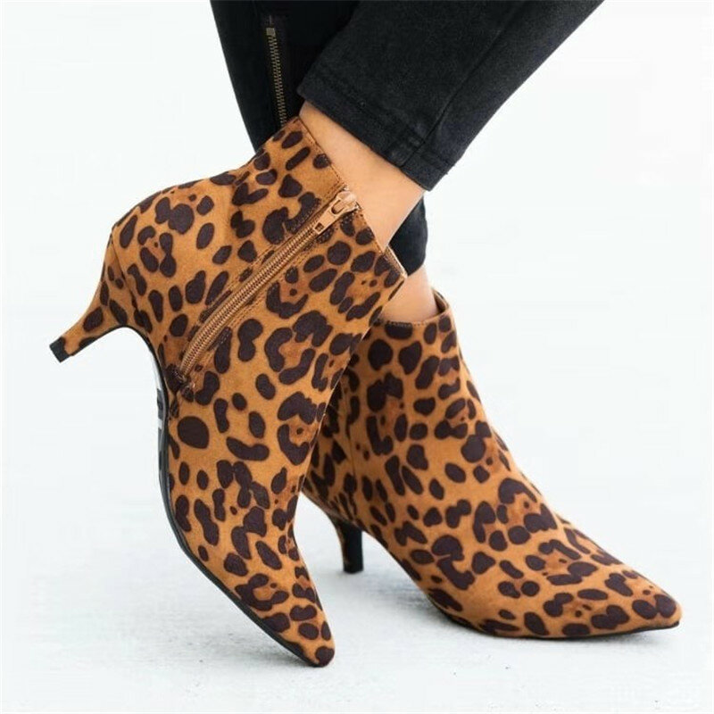  Women Suede Ankle Boot Mid Stiletto Heel Side Zip Pointed Toe Party Work Outdoor Shoe Fine Heel Leopard Print Fashion