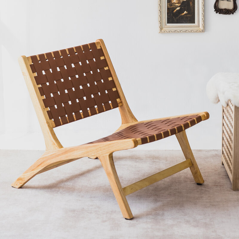 LUE-BONA Kursi Teras Anyaman Kulit untuk Kenyamanan Dalam Ruangan Kursi Kayu Sofa Aksen Furnitur Kayu Modern untuk Taman Ruang Tamu