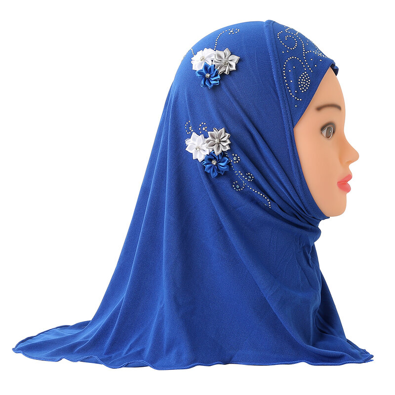 H075 beautiful small girl Al amira hijab with handmade flowers fit 2-6 years old kids pull on islamic scarf head wrap