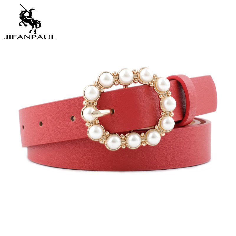 JIFANPAUL Pearl Decorative Belt Women's Fashion Round Pin Buckle Pearl Belts Women'sl Solid Leather Thin Belt free shipping