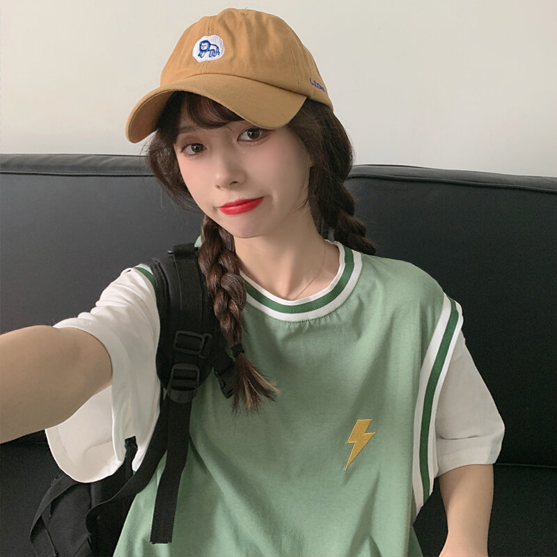 女性用ツーピーススポーツTシャツ,半袖,ルーズ,韓国風,流行の音楽,原宿スタイル