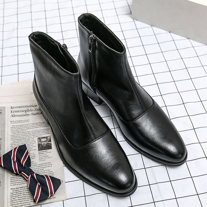 Botas Chelsea cómodas y a la moda para hombre, zapatos hechos a mano de alta calidad con cremallera lateral cosida en PU negro, fáciles de combinar, XM496