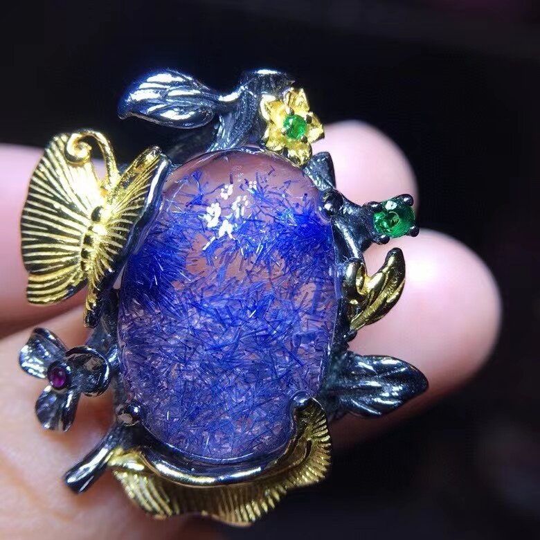 Natural azul dumortierite rutilated anel de quartzo 18.4/12.6mm cristal prata ajustável grandes grânulos mulher masculino jóias aaaaa