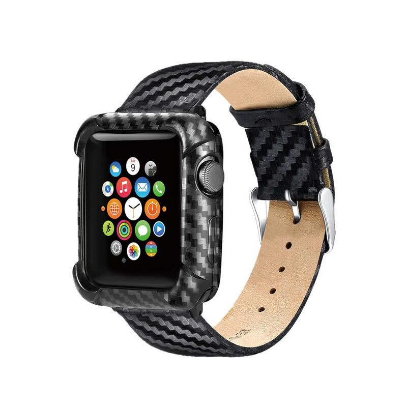 Pc caso de fibra carbono + pulseira de couro genuíno terno para apple watch 4 5 44mm 40mm moldura protetora pulseira para acessórios iwatch