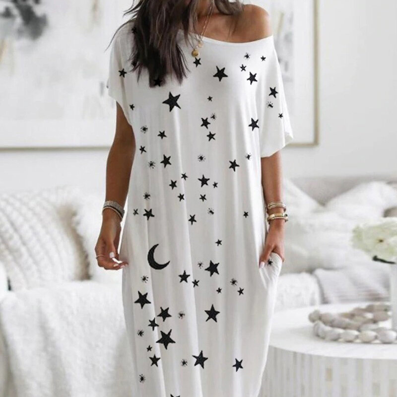 Off Shoulder Star Printed Women Sleep Dress O-Neck Short Sleeve Loose Pocket Female Long Nightgown 2021 Summer Ladies Homewear