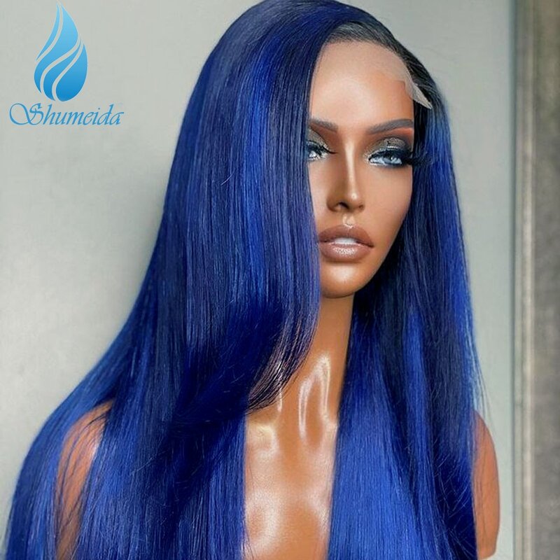 Shumeida-Peluca de cabello humano liso de 13x4, postizo de encaje frontal con pelo de bebé, pelo Remy brasileño, sin pegamento, Color azul