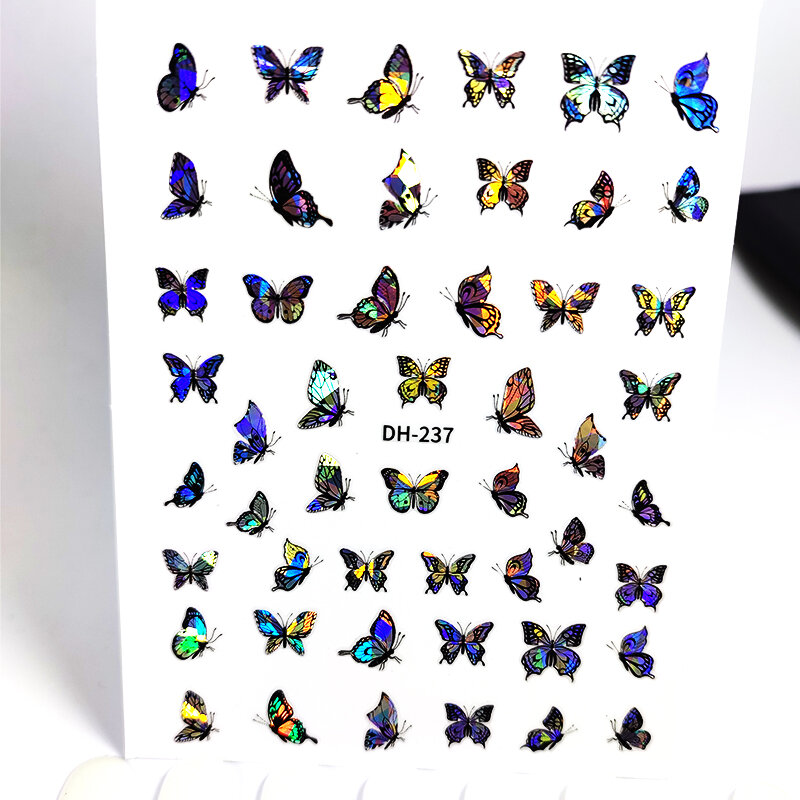1pc Holographic Blue Nail Stickers Pink Colorful Butterfly Art Sticker With Adhesive DIY Extension Flowers Rose Nail Decoration