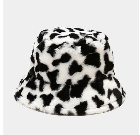 Winter Cow Print Plush Bucket Hats for Women Warm Soft Velvet Fisherman Cap Lady Tourism Outdoor Hat Fashion Flat Top Hats