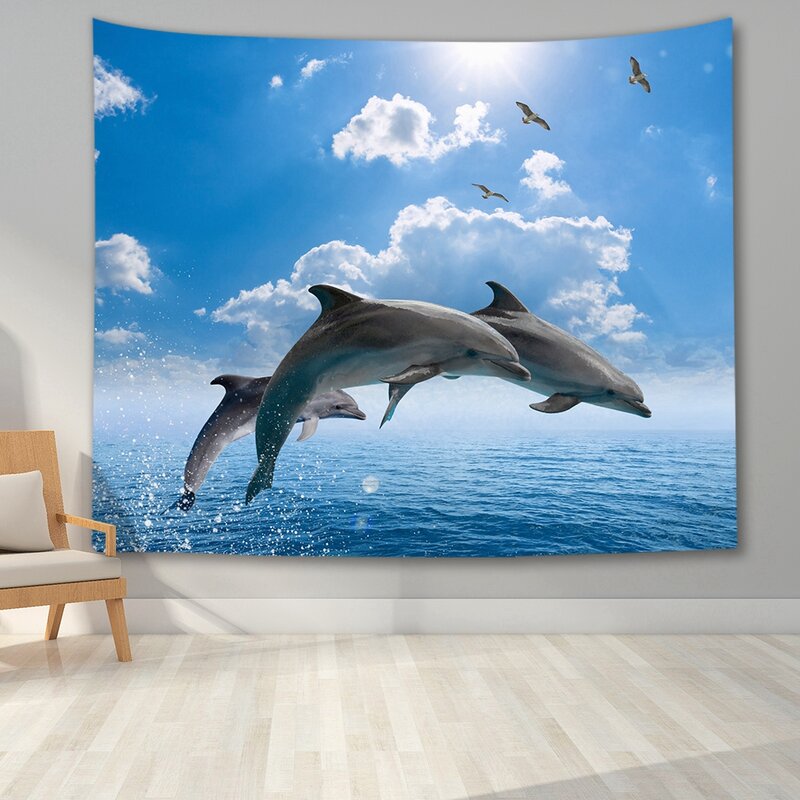 Tapiz decorativo 3D de dibujos animados, animales marinos, Delfín, tortuga marina, para colgar en la pared, ventana, sala de estar