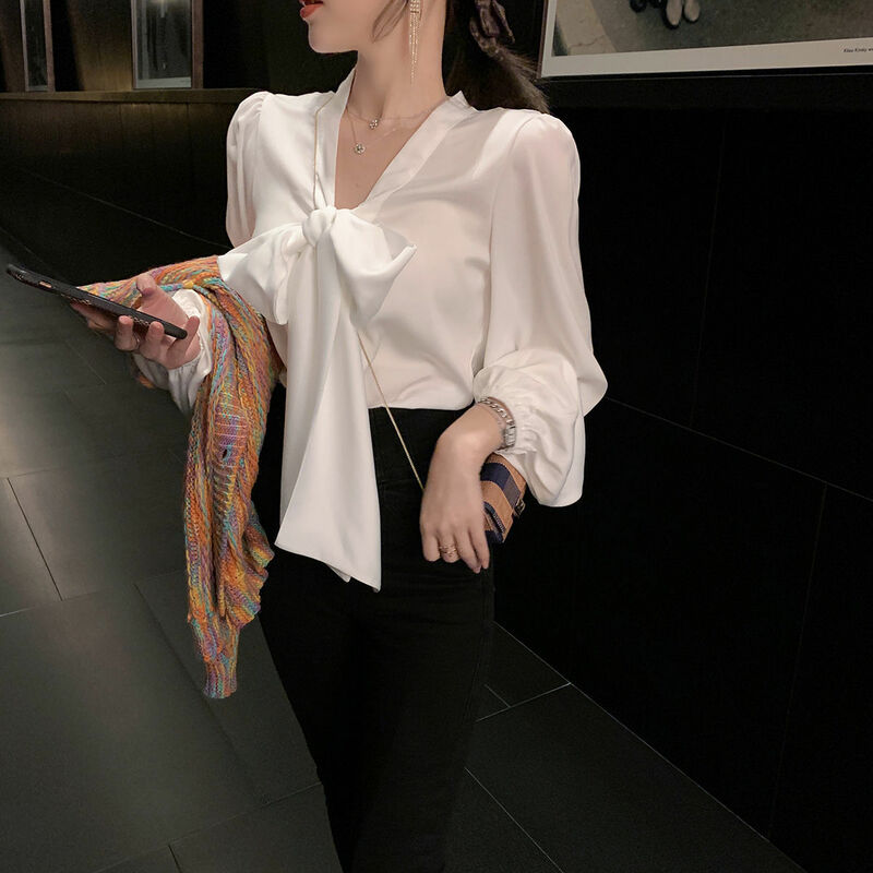 Blusa blanca de chifón para mujer, camisa elegante ajustada con cuello en V, manga larga y lazo para oficina, estilo coreano, Primavera