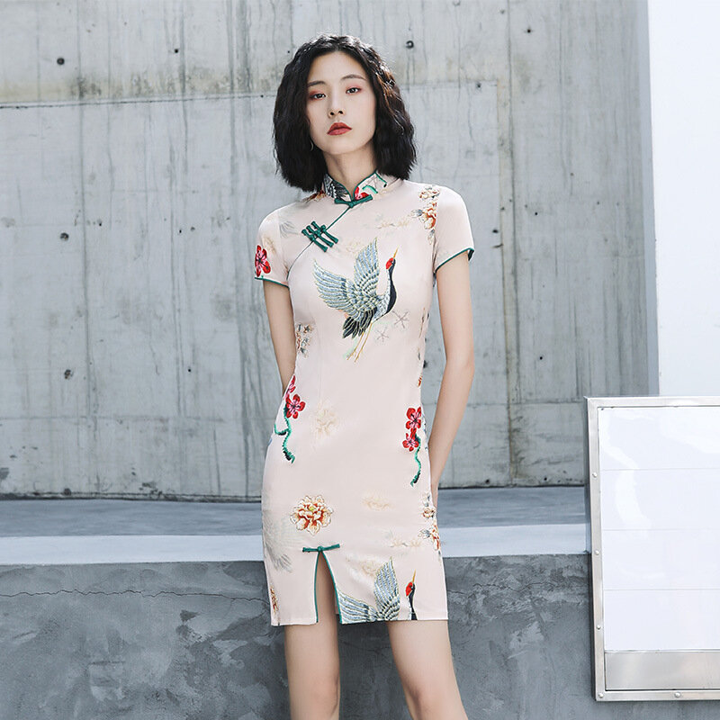 Vestido Cheongsam de verano para chica joven, bonito Anime, conejo, flor de cerezo, rosa, estilo chino, estampado de gato rosa, Color negro, S-3xl