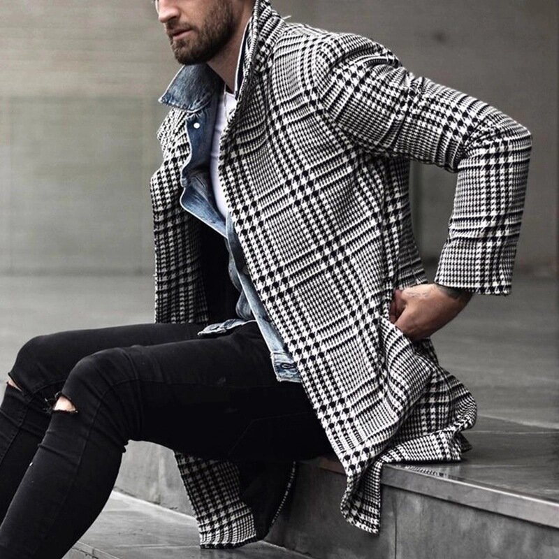 Manteaux en laine à carreaux pour hommes, pardessus mi-long à col rabattu, veste, nouvelle collection automne hiver