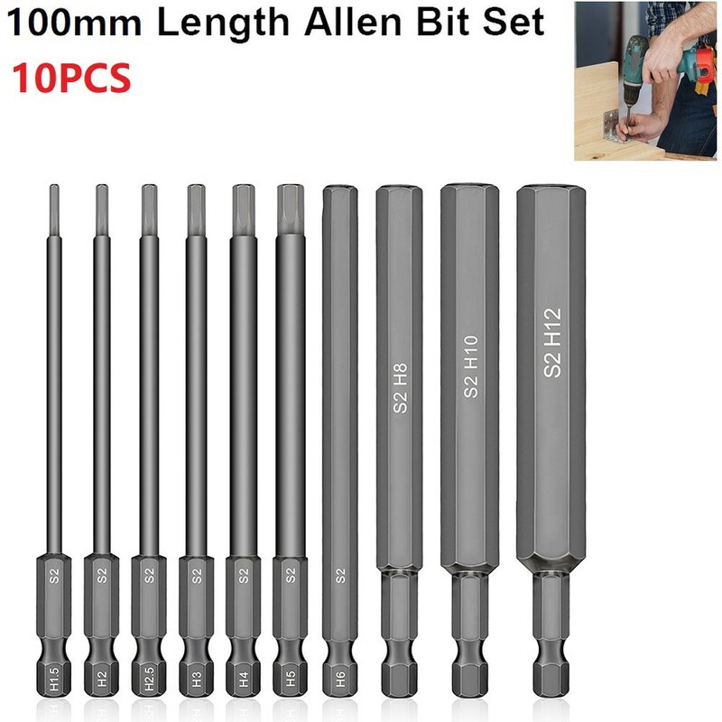 10pcs 1.5-10mm 1/4'' Hex Head Screwdriver Bits Kit Allen Wrench Drill Bit 100mm S2 Steel Screwdriver Bits Metric