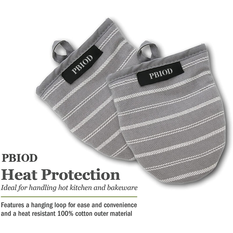 PBIOD Oven mitts Surfaces with Non-Slip Grip and Hanging Loop-Ideal Set for Handling Hot Cookware, Bakeware-Twill Stripe. Grey
