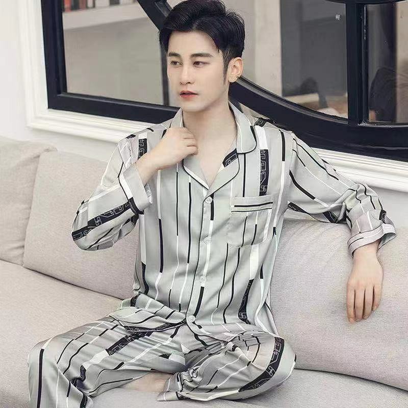 Homens pijamas de duas peças conjunto de seda fina pijamas casa terno de mangas compridas calças serviço de casa masculino lounge wear conjuntos de roupas masculinas