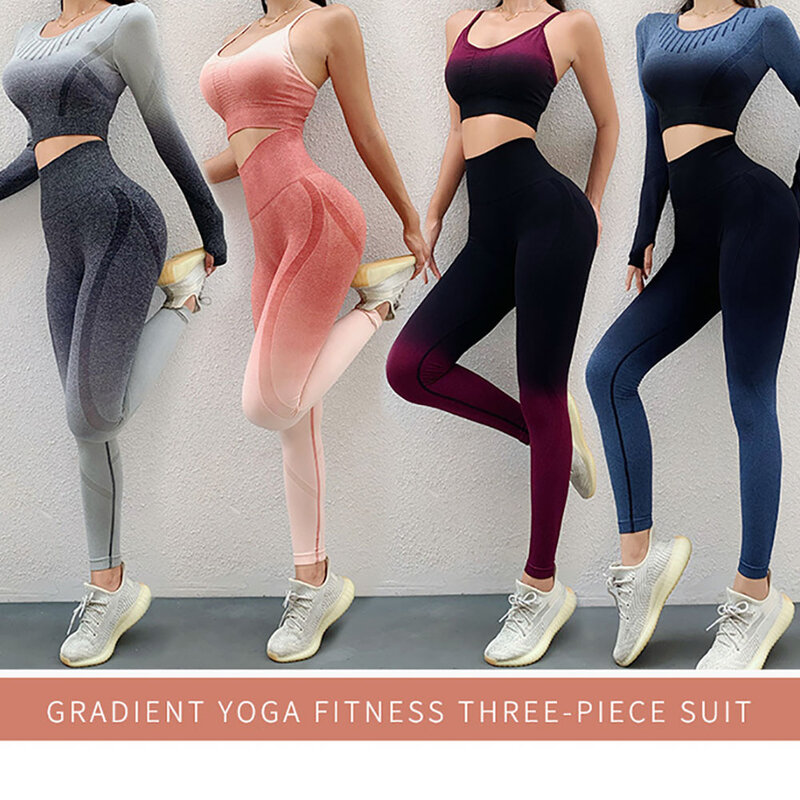 Cintura alta conjunto de yoga ginásio 3 pçs sem costura leggings feminino sutiã esportivo de fitness ginásio roupas colheita superior treino roupas treino treino