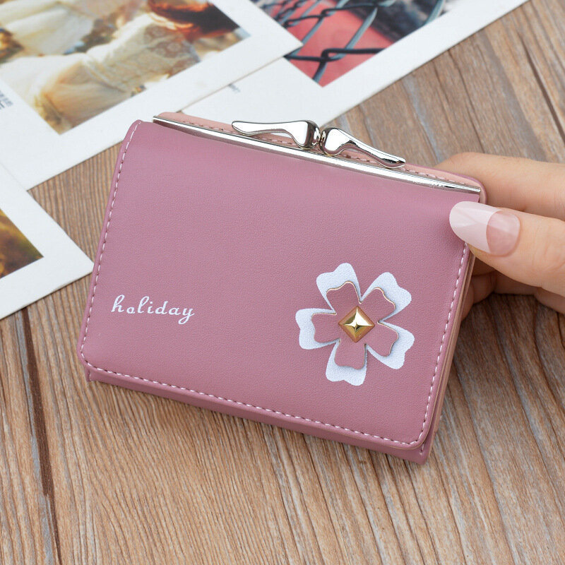 Короткий кошелек для женщин, милый корейский студенческий бумажник для мелочи, маленький однотонный складной кошелек с ярким цветочным при...