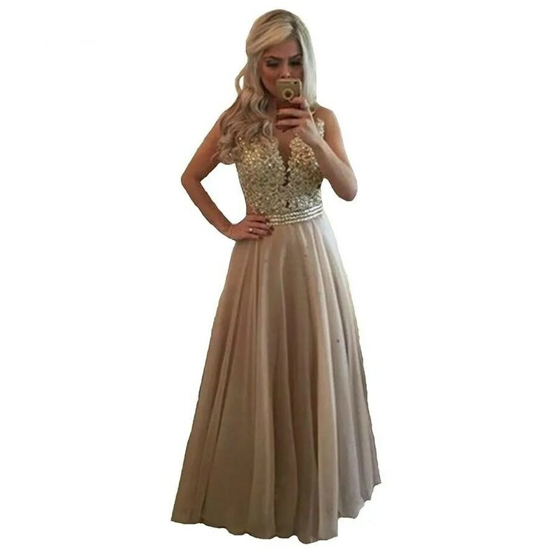 Long Party Dress Elegant Prom Dresses With Lace Steep Sleeves On The Back Formal Dresses Round Necked Floors