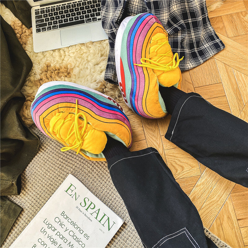 Yishen chinelos femininos bonito arco-íris casal sapatos casa de algodão indoor sapatos de pelúcia quente inverno unisex slides tamanho da ue 35-44