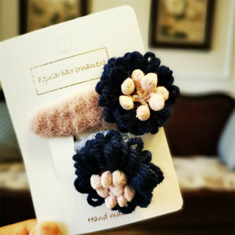 Nuevos accesorios para el cabello para niños, conjunto de Clip BB con flores de lana coreana, accesorios para el cabello