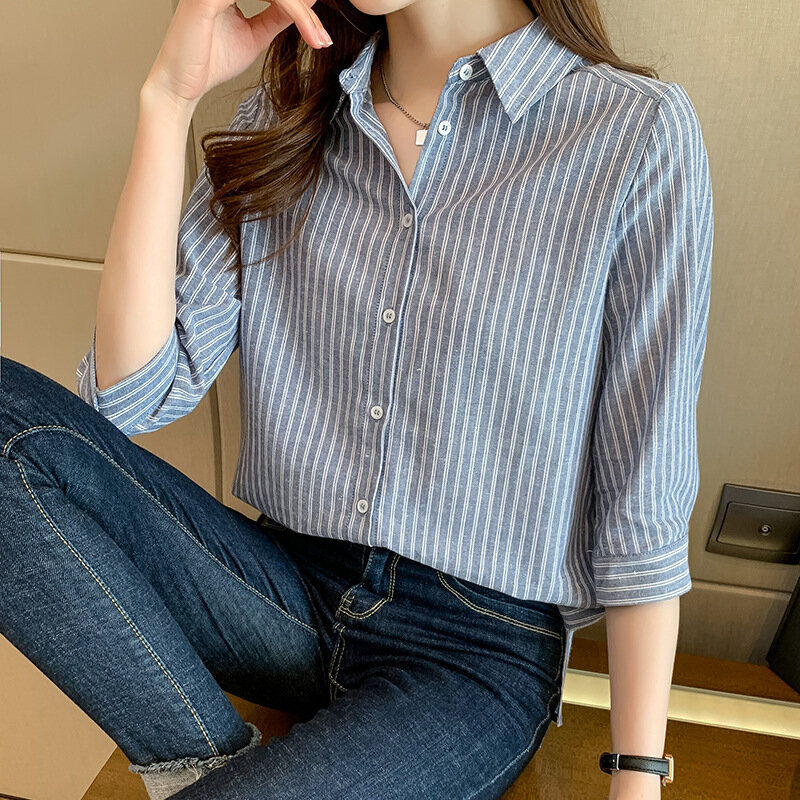 Chiffon Stripe Blouses Women's New Casual Loose Blouse Fashion Three Quarter Sleeve Top with Buttons Polo Shirt