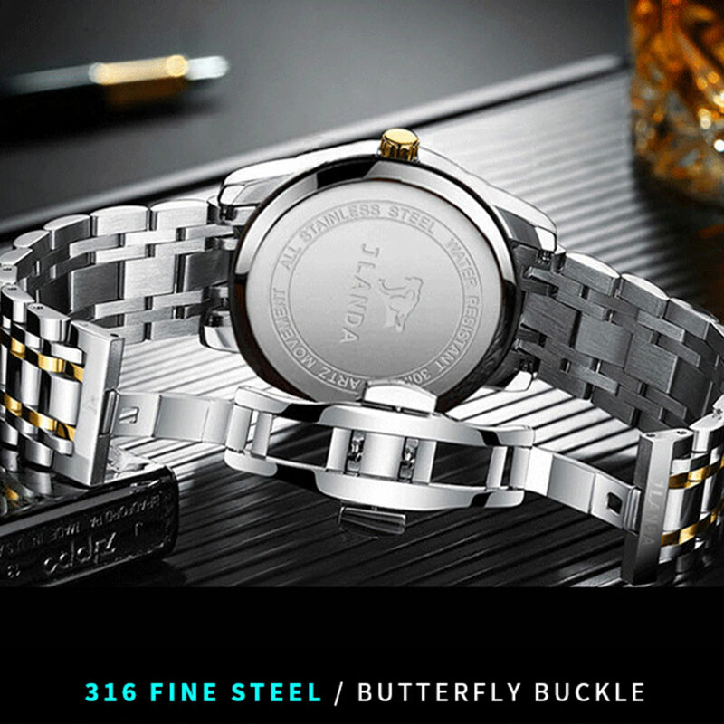 Relojes de moda para hombre, reloj de acero inoxidable resistente al agua, con fecha y semana, dorado, de pulsera de cuarzo para negocios