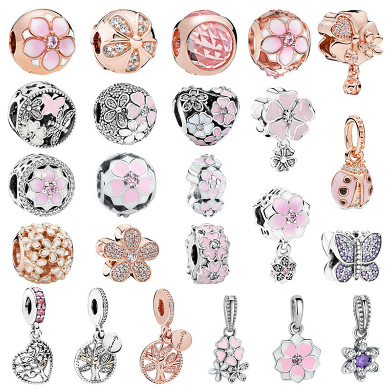 Bracelet de série marguerite en fleur de pêche pour femmes, accessoires adaptés au charme PANDORA, en argent 925 perle, bijoux à faire soi-même, cadeaux