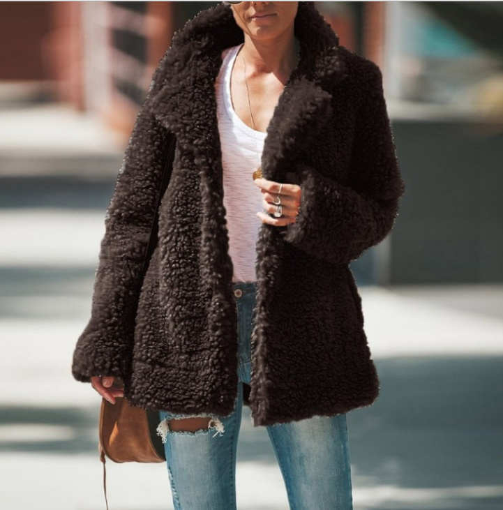 Зимняя коллекция 2021 года, модная плюшевая куртка в европейском и американском стиле, однотонная женская куртка с отложным воротником и длин...