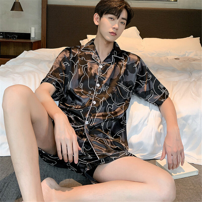 Conjunto de pijama con cuello vuelto para hombre, ropa de dormir de manga corta, con cintura elástica, botones sólidos, a la moda, informal, holgada y sencilla
