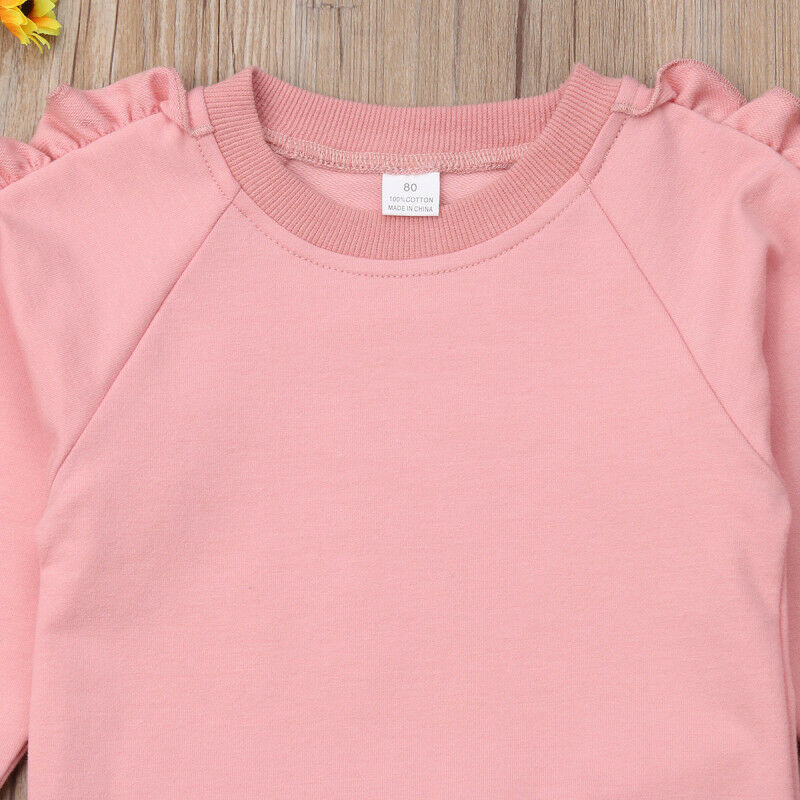 Conjunto de roupas 2 peças, roupas fashion para bebês meninas com babado rosa, camiseta jeans, calças de outono e inverno