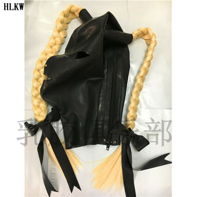 Adults Game Sexy Latex Hood rubber Mask with hairpieces wigs Two bunch pony tails straw Plaits with back zipper hair toys