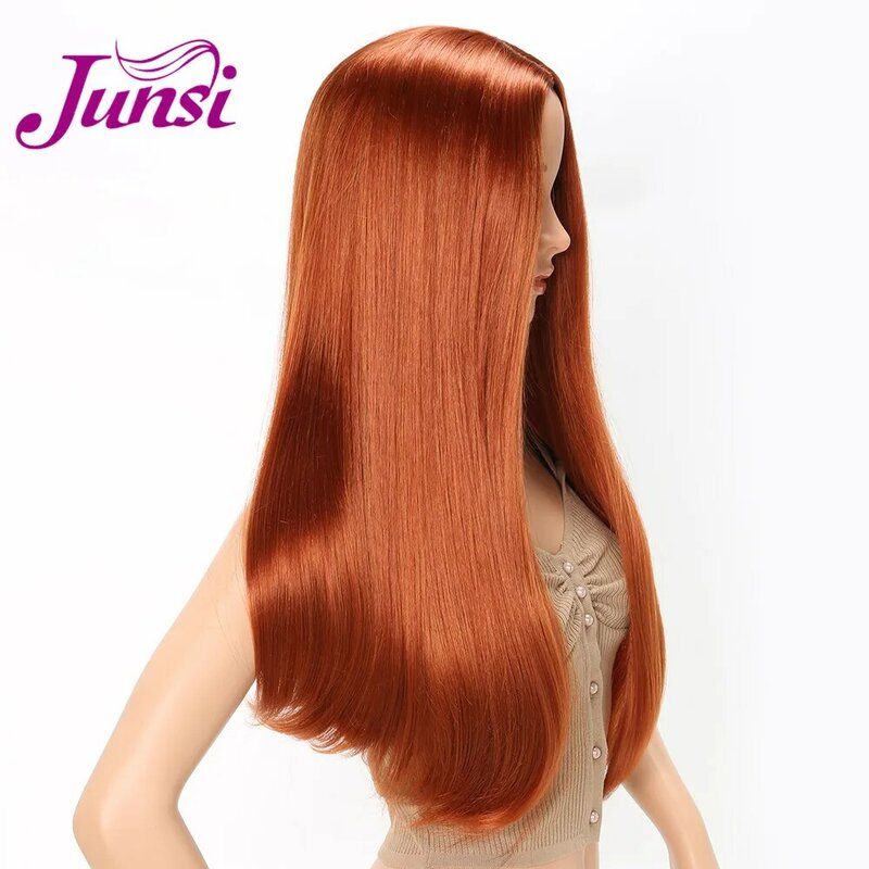 JUNSI شعر طويل مستقيم شعر مستعار أحمر أفريقي الأمريكية تصفيفة الشعر بيروكات صناعية للمرأة أسود الشعر الطبيعي ارتفاع درجة الحرارة
