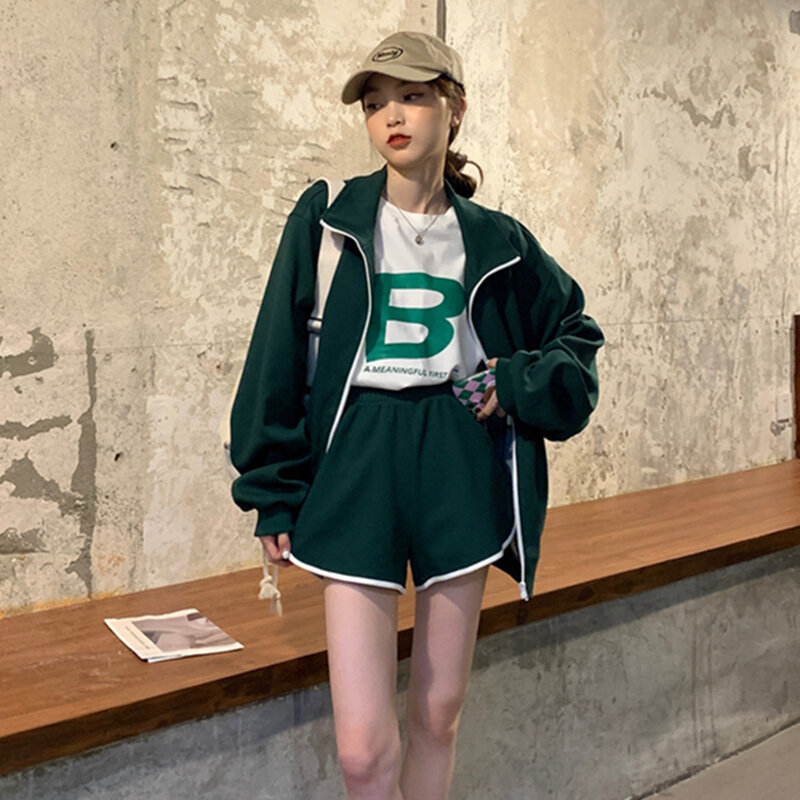 2021 весенне-осенний Женский комплект из двух предметов, женский спортивный костюм Harajuku, одежда, комплект с курткой на молнии и шортами