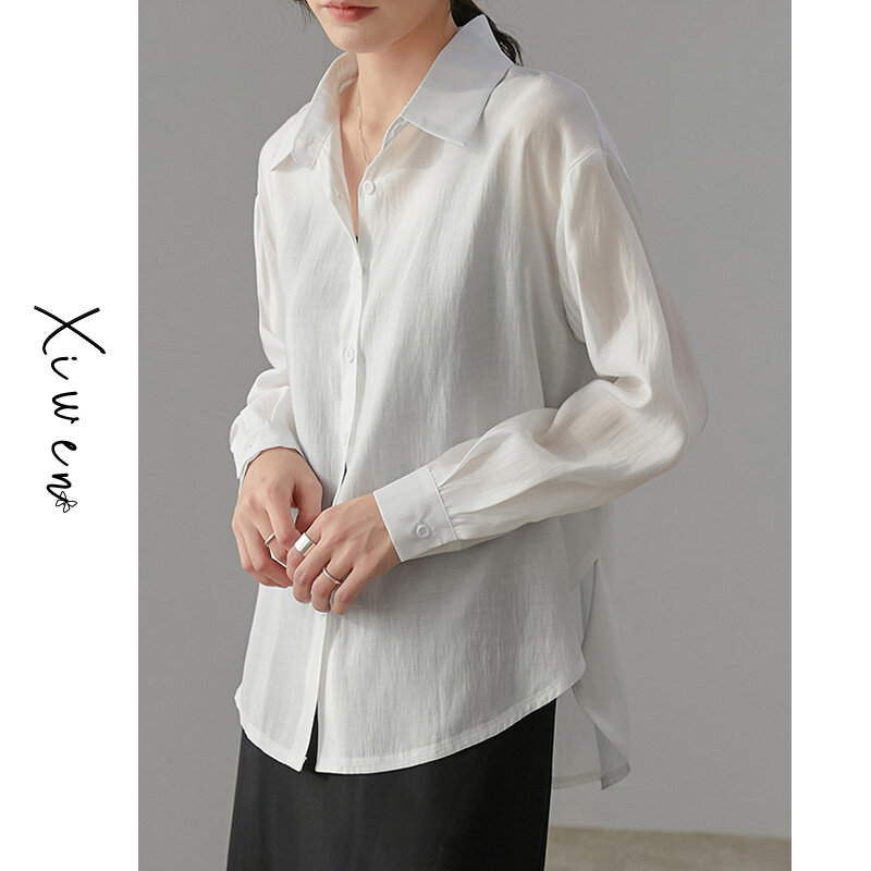 흰색 쉬폰 셔츠 봄과 여름 태양 보호 셔츠 얇은 한국 스타일 느슨한 긴 소매 탑 의류 2021 새로운 겉옷