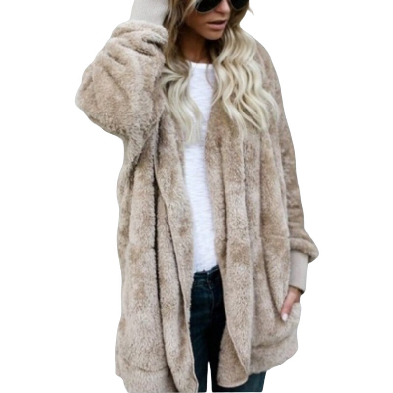 Inverno das mulheres do falso casaco de pele cardigan de pelúcia outwear com bolsos sólido velo fuzzy frente aberta com capuz jaqueta casacos