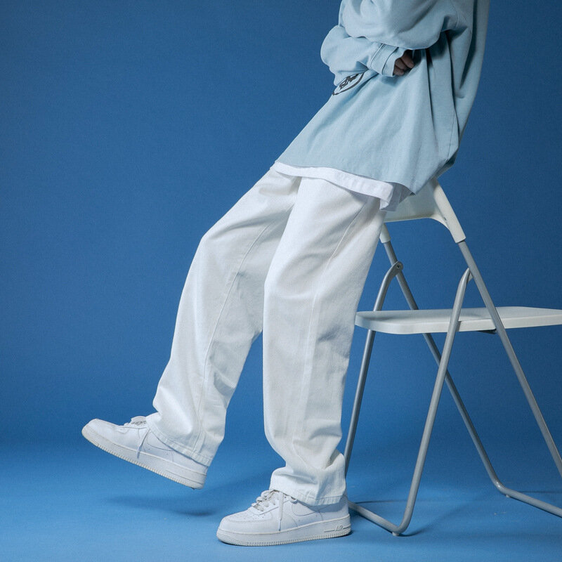 2021ใหม่ลำลอง Harem กางเกงยีนส์สีทึบผู้ชายตรงกางเกงแฟชั่น Streetwear หลวม Denim กางเกง Drop รู้สึกขากว้างกางเ...